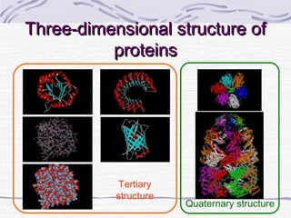 Three-dimensional structure ofThree-dimensional structure of
proteinsproteins
Tertiary
structure
Quaternary structure
 