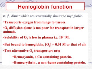 Hemoglobin function
α2,β2 dimer which are structurally similar to myoglobin
•Transports oxygen from lungs to tissues.
•O2 diffusion alone is too poor for transport in larger
animals.
•Solubility of O2 is low in plasma i.e. 10-4
M.
•But bound to hemoglobin, [O2] = 0.01 M or that of air
•Two alternative O2 transporters are;
•Hemocyanin, a Cu containing protein.
•Hemoerythrin , a non-heme containing protein.
 