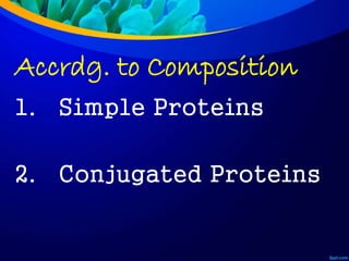 Accrdg. to Composition
1. Simple Proteins
2. Conjugated Proteins
 