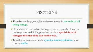 PROTEINS
Proteins are large, complex molecules found in the cells of all
living things.
 In addition to the carbon, hydrogen, and oxygen also found in
carbohydrates and lipids, proteins contain a special form of
nitrogen that the body can readily use.
In addition, two amino acids, cysteine and methionine, also
contain sulfur
 