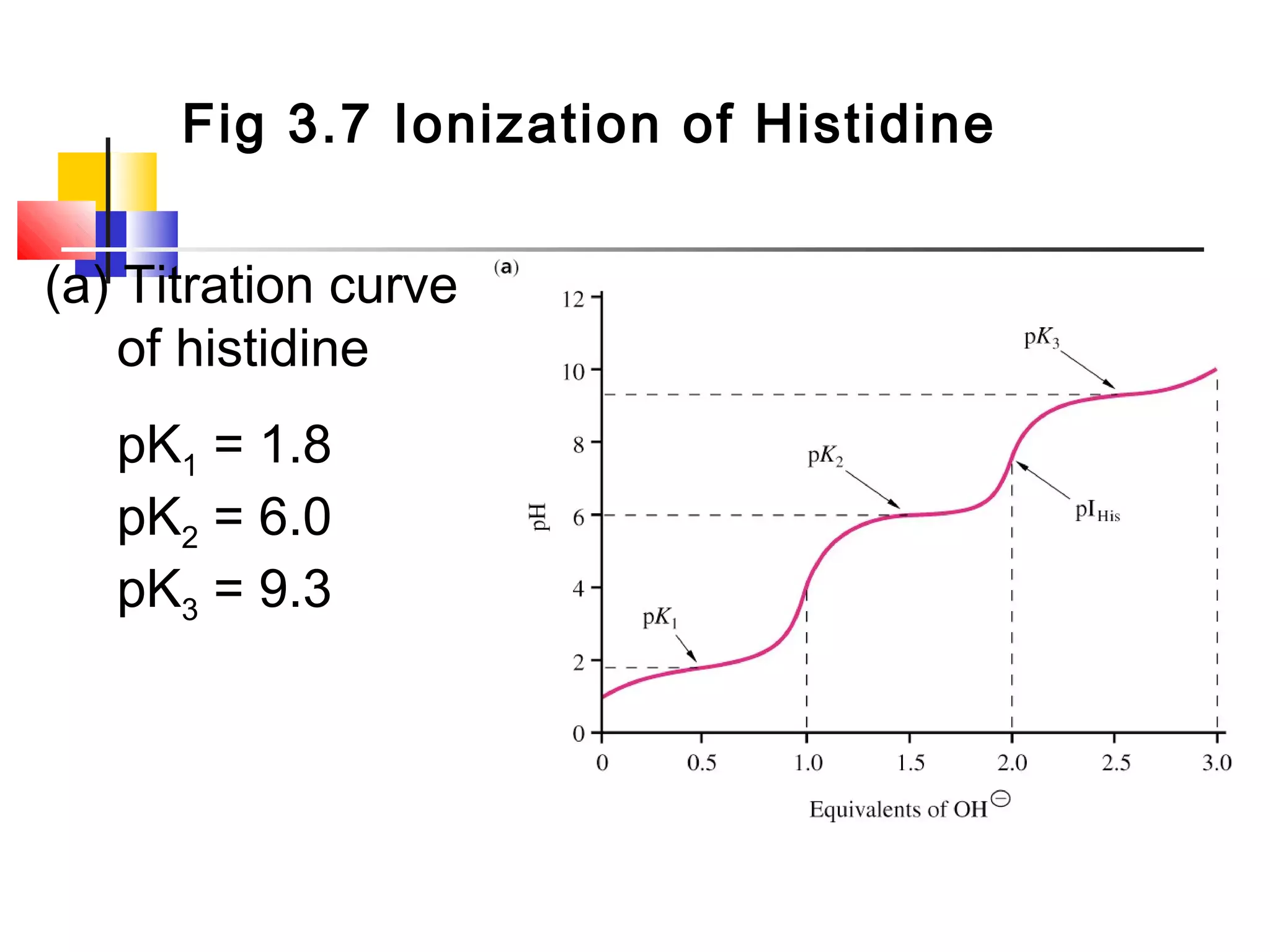 Fig 3.7 Ionization of Histidine
(a) Titration curve
of histidine
pK1 = 1.8
pK2 = 6.0
pK3 = 9.3
 