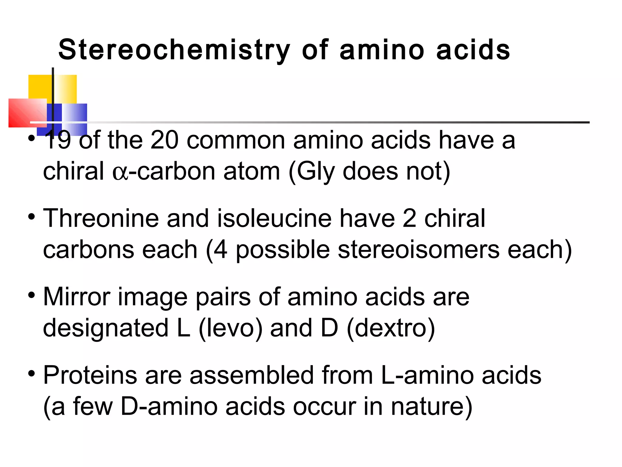 Stereochemistry of amino acids
• 19 of the 20 common amino acids have a
chiral α-carbon atom (Gly does not)
• Threonine and isoleucine have 2 chiral
carbons each (4 possible stereoisomers each)
• Mirror image pairs of amino acids are
designated L (levo) and D (dextro)
• Proteins are assembled from L-amino acids
(a few D-amino acids occur in nature)
 