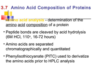 3.7 Amino Acid Composition of Proteins
• Amino acid analysis - determination of the
amino acid composition of a protein
• Peptide bonds are cleaved by acid hydrolysis
(6M HCl, 110o
, 16-72 hours)
• Amino acids are separated
chromatographically and quantitated
• Phenylisothiocyanate (PITC) used to derivatize
the amino acids prior to HPLC analysis
 