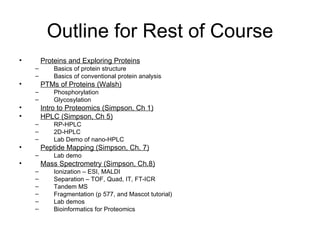 Outline for Rest of Course Proteins and Exploring Proteins Basics of protein structure Basics of conventional protein analysis PTMs of Proteins (Walsh) Phosphorylation Glycosylation Intro to Proteomics (Simpson, Ch 1) HPLC (Simpson, Ch 5) RP-HPLC 2D-HPLC Lab Demo of nano-HPLC Peptide Mapping (Simpson, Ch. 7) Lab demo  Mass Spectrometry (Simpson, Ch.8) Ionization – ESI, MALDI Separation – TOF, Quad, IT, FT-ICR Tandem MS Fragmentation (p 577, and Mascot tutorial) Lab demos Bioinformatics for Proteomics 