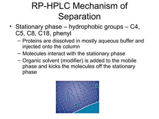 RP-HPLC Mechanism of Separation Stationary phase – hydrophobic groups – C4, C5, C8, C18, phenyl Proteins are dissolved in mostly aqueous buffer and injected onto the column Molecules interact with the stationary phase Organic solvent (modifier) is added to the mobile phase and kicks the molecules off the stationary phase 