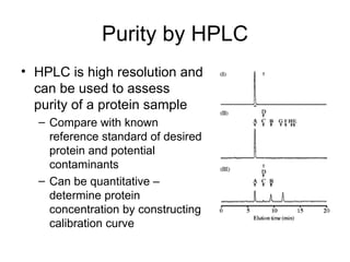 Purity by HPLC HPLC is high resolution and can be used to assess purity of a protein sample Compare with known reference standard of desired protein and potential contaminants Can be quantitative – determine protein concentration by constructing calibration curve 