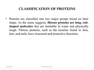 CLASSIFICATION OF PROTEINS
• Proteins are classified into two major groups based on their
shape. As the name suggests, fibrous proteins are long, rod-
shaped molecules that are insoluble in water and physically
tough. Fibrous proteins, such as the keratins found in skin,
hair, and nails, have structural and protective functions.
3/27/2024 By Amanuel Tobe 1
 
