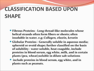 CLASSIFICATION BASED UPON
SHAPE
Fibrous Proteins - Long thread-like molecules whose
helical strands often form fibers or sheets; often
insoluble in water. e.g; Collagen, elastin, keratin
Globular Proteins - Generally soluble in aqueous media;
spheroid or ovoid shape; further classified on the basis
of solubility - water soluble, heat coaguble, include
proteins in blood serum, egg white, milk, and in certain
plants (pea, wheat);soluble in dilute salt solutions
 include proteins in blood serum, egg white, and in
plants such as peanuts.
 