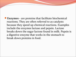 Enzymes - are proteins that facilitate biochemical
reactions. They are often referred to as catalysts
because they speed up chemical reactions. Examples
include the enzymes lactase and pepsin. Lactase
breaks down the sugar lactose found in milk. Pepsin is
a digestive enzyme that works in the stomach to
break down proteins in food.
 