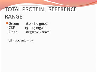 TOTAL PROTEIN: REFERENCE
RANGE
Serum 6.0 - 8.0 gm/dl
CSF 15 - 45 mg/dl
Urine negative - trace
dl = 100 mL = %
 