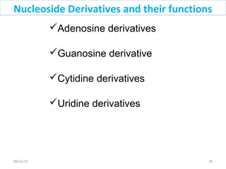 Nucleoside Derivatives and their functions
Adenosine derivatives
Guanosine derivative
Cytidine derivatives
Uridine derivatives
3909/11/15
 