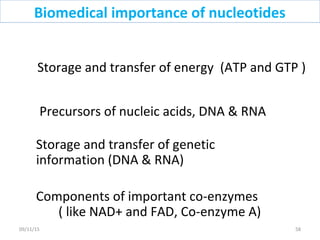 Precursors of nucleic acids, DNA & RNA
Components of important co-enzymes
( like NAD+ and FAD, Co-enzyme A)
Storage and transfer of energy (ATP and GTP )
Storage and transfer of genetic
information (DNA & RNA)
5809/11/15
Biomedical importance of nucleotides
 