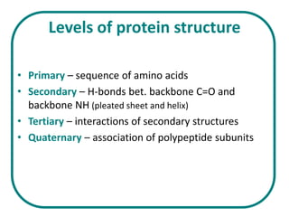 Levels of protein structure

• Primary – sequence of amino acids
• Secondary – H-bonds bet. backbone C=O and
  backbone NH (pleated sheet and helix)
• Tertiary – interactions of secondary structures
• Quaternary – association of polypeptide subunits
 