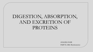 DIGESTION, ABSORPTION,
AND EXCRETION OF
PROTEINS
ANAGHA NAIR
PART II, MSc Biochemistry
 
