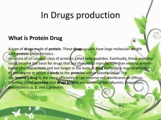 In Drugs production
What is Protein Drug
A type of drugs made of protein. These drugs usually have large molecular weight
with protein characteristics.
structure of an unusual class of proteins called beta-peptides. Eventually, these peptides
could become the basis for drugs that are cheaper to manufacture than existing protein-
based pharmaceuticals and last longer in the body. A drug's efficiency may be affected
by the degree to which it binds to the proteins within blood plasma. The
less bound a drug is, the more efficiently it can traverse cell membranes or diffuse.
Common blood proteins that drugs bind to are human serum albumin, lipoprotein,
glycoprotein, α, β‚ and γ globulins
 