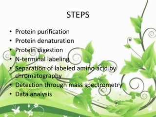 STEPS
• Protein purification
• Protein denaturation
• Protein digestion
• N-terminal labeling
• Separation of labeled amino acid by
chromatography
• Detection through mass spectrometry
• Data analysis
 