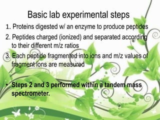 Basic lab experimental steps
1. Proteins digested w/ an enzyme to produce peptides
2. Peptides charged (ionized) and separated according
to their different m/z ratios
3. Each peptide fragmented into ions and m/z values of
fragment ions are measured
• Steps 2 and 3 performed within a tandem mass
spectrometer.
 