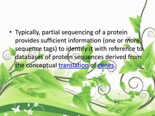 • Typically, partial sequencing of a protein
provides sufficient information (one or more
sequence tags) to identify it with reference to
databases of protein sequences derived from
the conceptual translation of genes.
 