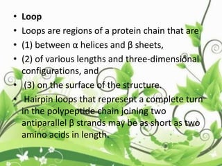 • Loop
• Loops are regions of a protein chain that are
• (1) between α helices and β sheets,
• (2) of various lengths and three-dimensional
configurations, and
• (3) on the surface of the structure.
• Hairpin loops that represent a complete turn
in the polypeptide chain joining two
antiparallel β strands may be as short as two
amino acids in length.
 