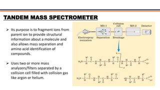 TANDEM MASS SPECTROMETER
 Its purpose is to fragment ions from
parent ion to provide structural
information about a molecule and
also allows mass separation and
amino acid identification of
compounds.
 Uses two or more mass
analyzers/filters separated by a
collision cell filled with collision gas
like argon or helium.
 