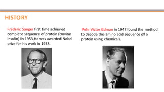 HISTORY
Frederic Sanger first time achieved
complete sequence of protein (bovine
insulin) in 1953.He was awarded Nobel
prize for his work in 1958.
Pehr Victor Edman in 1947 found the method
to decode the amino acid sequence of a
protein using chemicals.
 