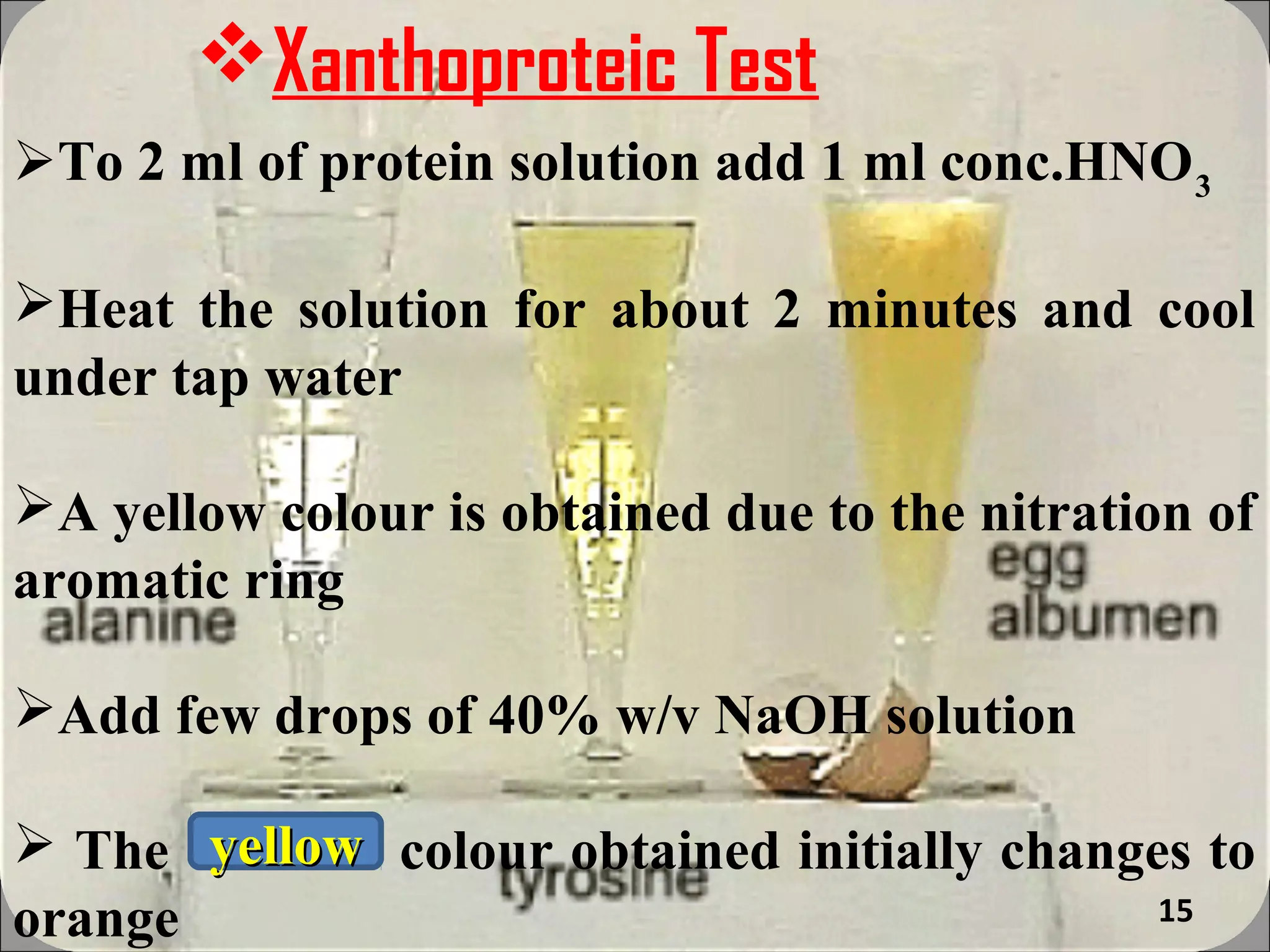 Xanthoproteic Test
To 2 ml of protein solution add 1 ml conc.HNO 3

Heat the solution for about 2 minutes and cool
under tap water

A yellow colour is obtained due to the nitration of
aromatic ring

Add few drops of 40% w/v NaOH solution

 The yellow colour obtained initially changes to
orange                                       15
 