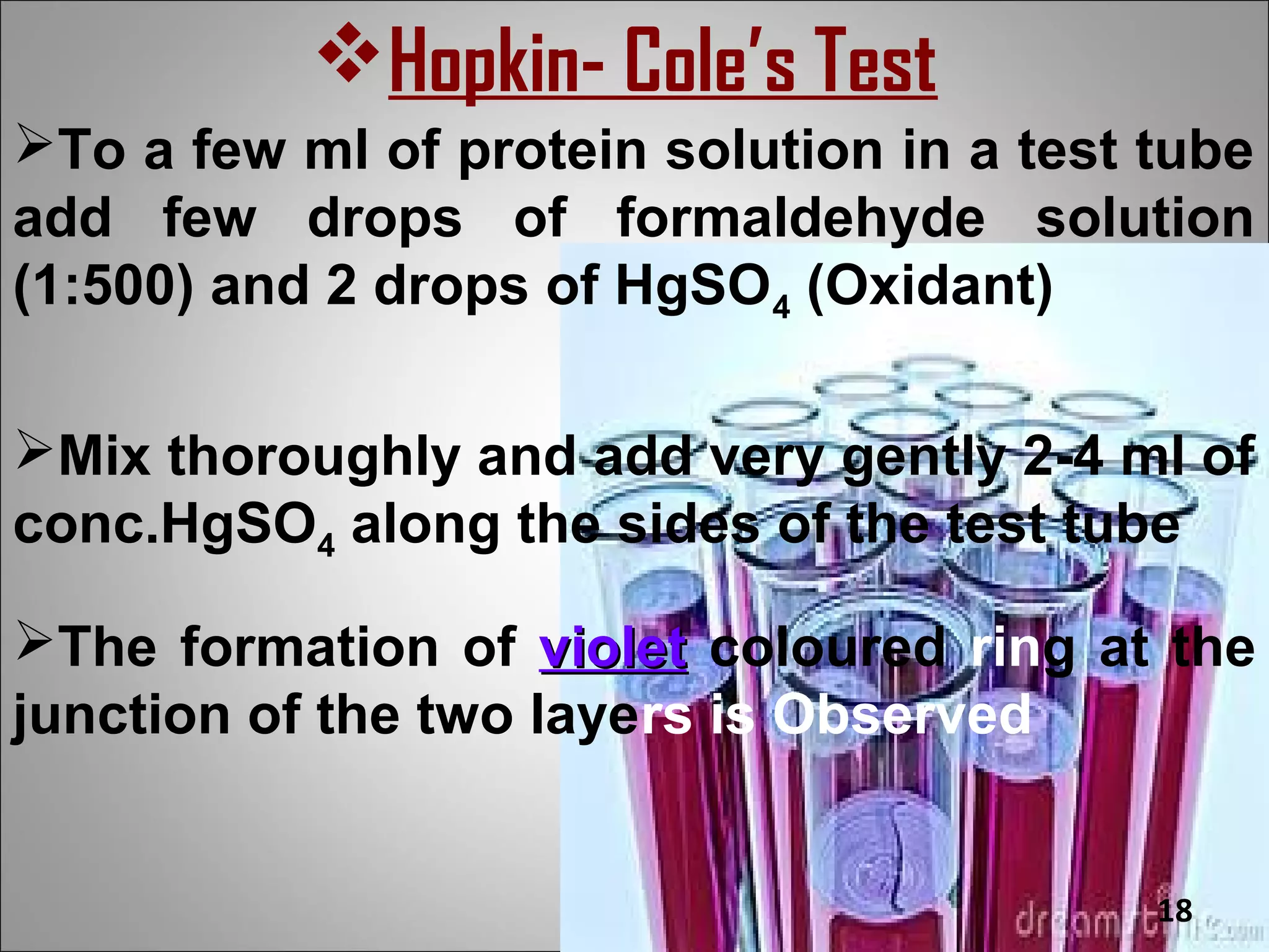 Hopkin- Cole’s Test
To a few ml of protein solution in a test tube
add few drops of formaldehyde solution
(1:500) and 2 drops of HgSO4 (Oxidant)

Mix thoroughly and add very gently 2-4 ml of
conc.HgSO4 along the sides of the test tube

The formation of violet coloured ring at the
junction of the two layers is Observed


                                           18
 