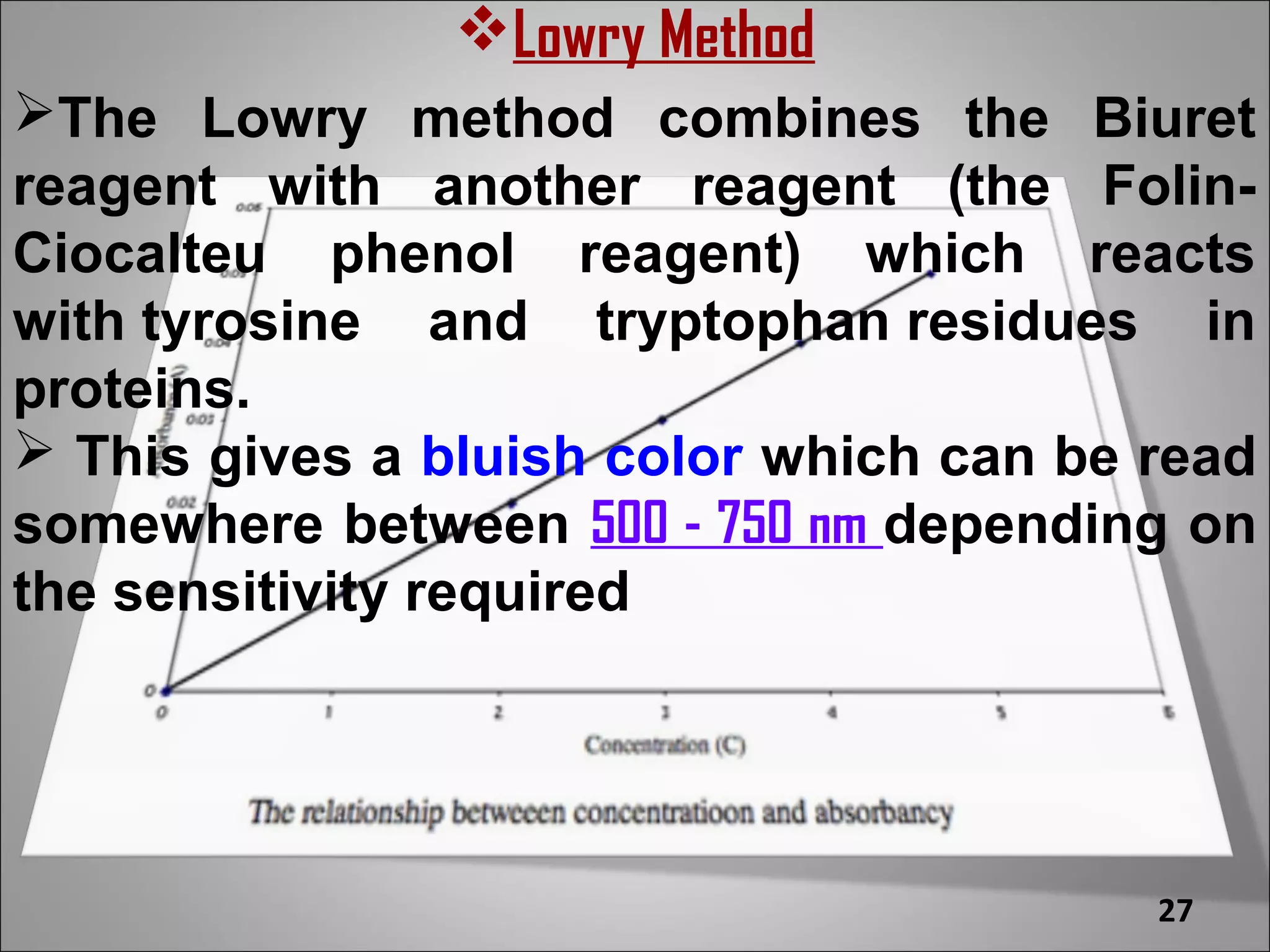 Lowry Method
The Lowry method combines the Biuret
reagent with another reagent (the Folin-
Ciocalteu phenol reagent) which reacts
with tyrosine and tryptophan residues in
proteins.
 This gives a bluish color which can be read
somewhere between 500 - 750 nm depending on
the sensitivity required




                                         27
 