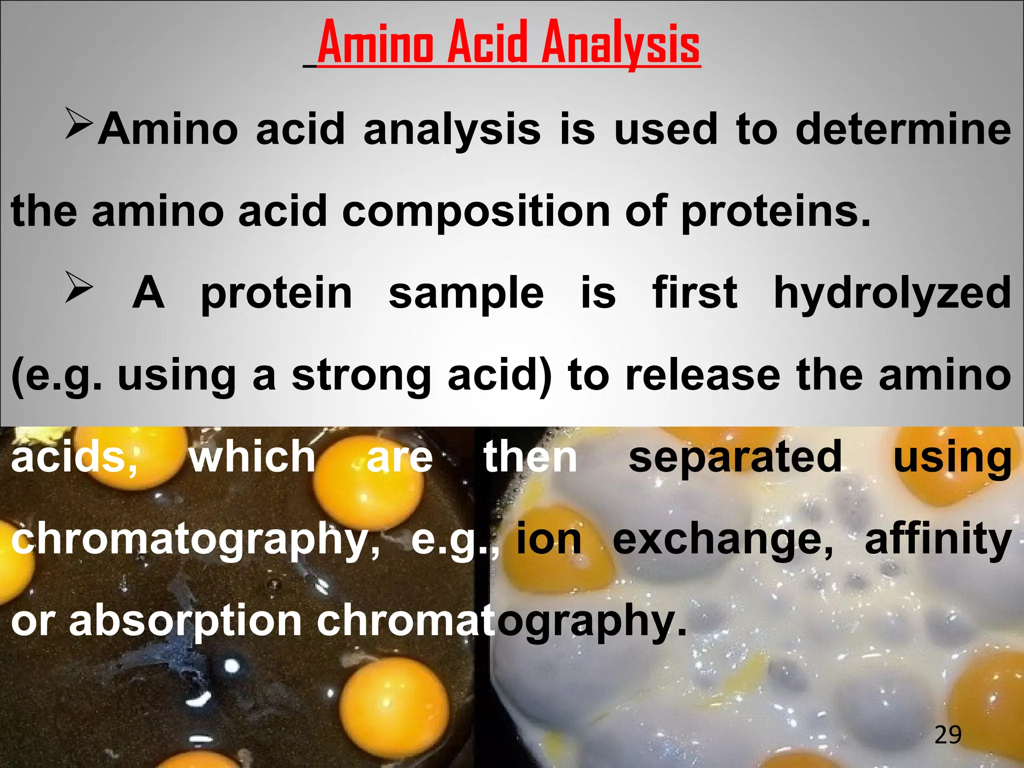 Amino Acid Analysis
  Amino acid analysis is used to determine
the amino acid composition of proteins.
   A protein sample is first hydrolyzed
(e.g. using a strong acid) to release the amino
acids,   which   are   then   separated   using
chromatography, e.g., ion exchange, affinity
or absorption chromatography.

                                           29
 