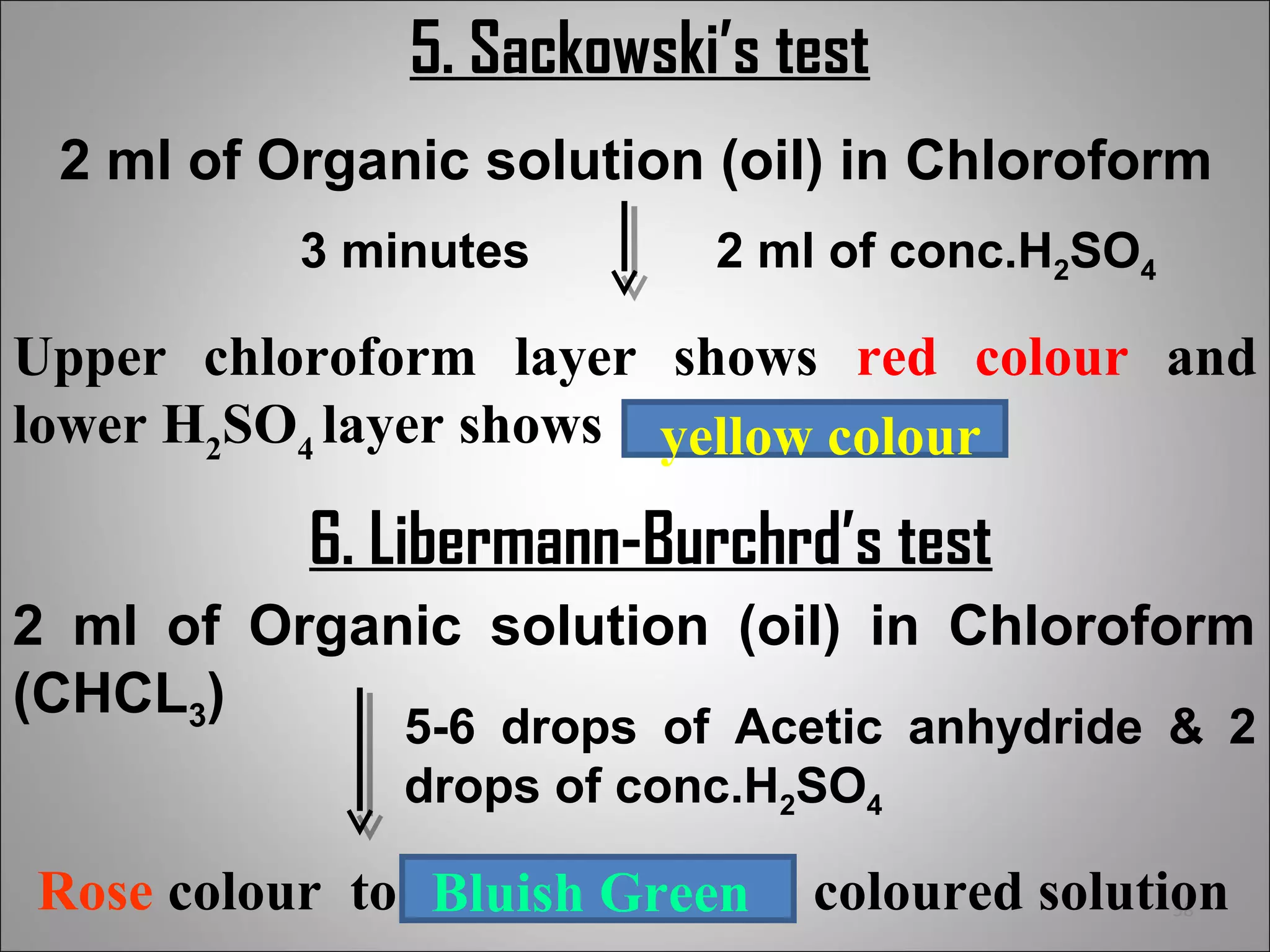 5. Sackowski’s test
 2 ml of Organic solution (oil) in Chloroform
          3 minutes       2 ml of conc.H2SO4

Upper chloroform layer shows red colour and
lower H2SO4 layer shows yellow colour

          6. Libermann-Burchrd’s test
2 ml of Organic solution (oil) in Chloroform
(CHCL3)
              5-6 drops of Acetic anhydride & 2
              drops of conc.H2SO4

Rose colour to Bluish Green   coloured solution38
 