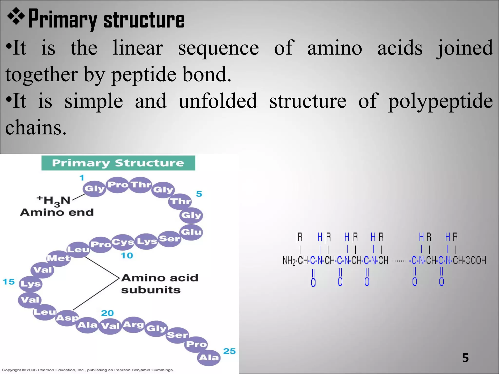 Primary structure
•It is the linear sequence of amino acids joined
together by peptide bond.
•It is simple and unfolded structure of polypeptide
chains.




                                               5
 