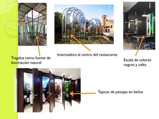 Tragaluz como fuente de
iluminación natural
Invernadero al centro del restaurante
Escala de colores
negros y cafés
Tapices de paisajes en baños
 