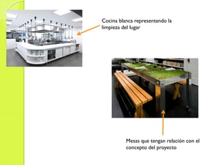 Cocina blanca representando la
limpieza del lugar
Mesas que tengan relación con el
concepto del proyecto
 