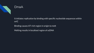 DnaA
It initiates replication by binding with specific nucleotide sequences within
oriC
Binding causes AT-rich region in origin to melt
Melting results in localised region of ssDNA
 