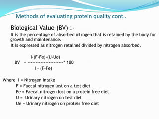 Methods of evaluating protein quality cont..
Biological Value (BV) :-
It is the percentage of absorbed nitrogen that is retained by the body for
growth and maintenance.
It is expressed as nitrogen retained divided by nitrogen absorbed.
I-(F-Fe)-(U-Ue)
BV = ----------------------* 100
I – (F-Fe)
Where I = Nitrogen intake
F = Faecal nitrogen lost on a test diet
Fe = Faecal nitrogen lost on a protein free diet
U = Urinary nitrogen on test diet
Ue = Urinary nitrogen on protein free diet
 