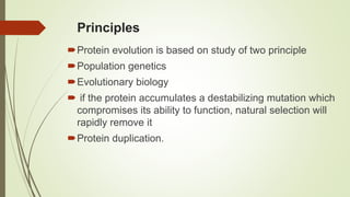 Principles
Protein evolution is based on study of two principle
Population genetics
Evolutionary biology
 if the protein accumulates a destabilizing mutation which
compromises its ability to function, natural selection will
rapidly remove it
Protein duplication.
 
