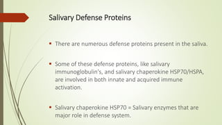 Salivary Defense Proteins
 There are numerous defense proteins present in the saliva.
 Some of these defense proteins, like salivary
immunoglobulin's, and salivary chaperokine HSP70/HSPA,
are involved in both innate and acquired immune
activation.
 Salivary chaperokine HSP70 = Salivary enzymes that are
major role in defense system.
 