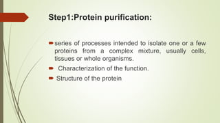 Step1:Protein purification:
series of processes intended to isolate one or a few
proteins from a complex mixture, usually cells,
tissues or whole organisms.
 Characterization of the function.
 Structure of the protein
 