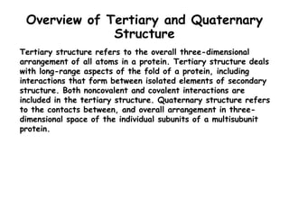 Overview of Tertiary and Quaternary
Structure
Tertiary structure refers to the overall three-dimensional
arrangement of al...