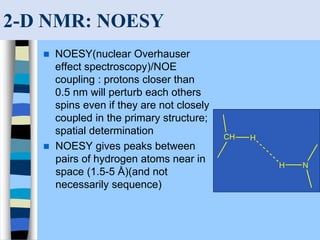 2-D NMR: NOESY
 NOESY(nuclear Overhauser
effect spectroscopy)/NOE
coupling : protons closer than
0.5 nm will perturb each others
spins even if they are not closely
coupled in the primary structure;
spatial determination
 NOESY gives peaks between
pairs of hydrogen atoms near in
space (1.5-5 Å)(and not
necessarily sequence)
CH H
N
H
 