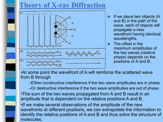  If we place two objects (A
and B) in the path of the
wave, each of objects will
propagate a new
wavefront having identical
wavelengths.
 The offset in the
maximum amplitudes of
the two waves (relative
phase) depends on the
positions of A and B.
•At some point the wavefront of A will reinforce the scattered wave
from B through
–Either constructive interference if the two wave amplitudes are in phase.
–Or destructive interference if the two wave amplitudes are out of phase.
•The sum of the two waves propagated from A and B result in an
amplitude that is dependent on the relative positions A and B.
•If we make several observations of the amplitude of the new
wavefronts at different positions, we can extrapolate the information to
identify the relative positions of A and B and thus solve the structure of
molecules.
Theory of X-ray Diffraction
 