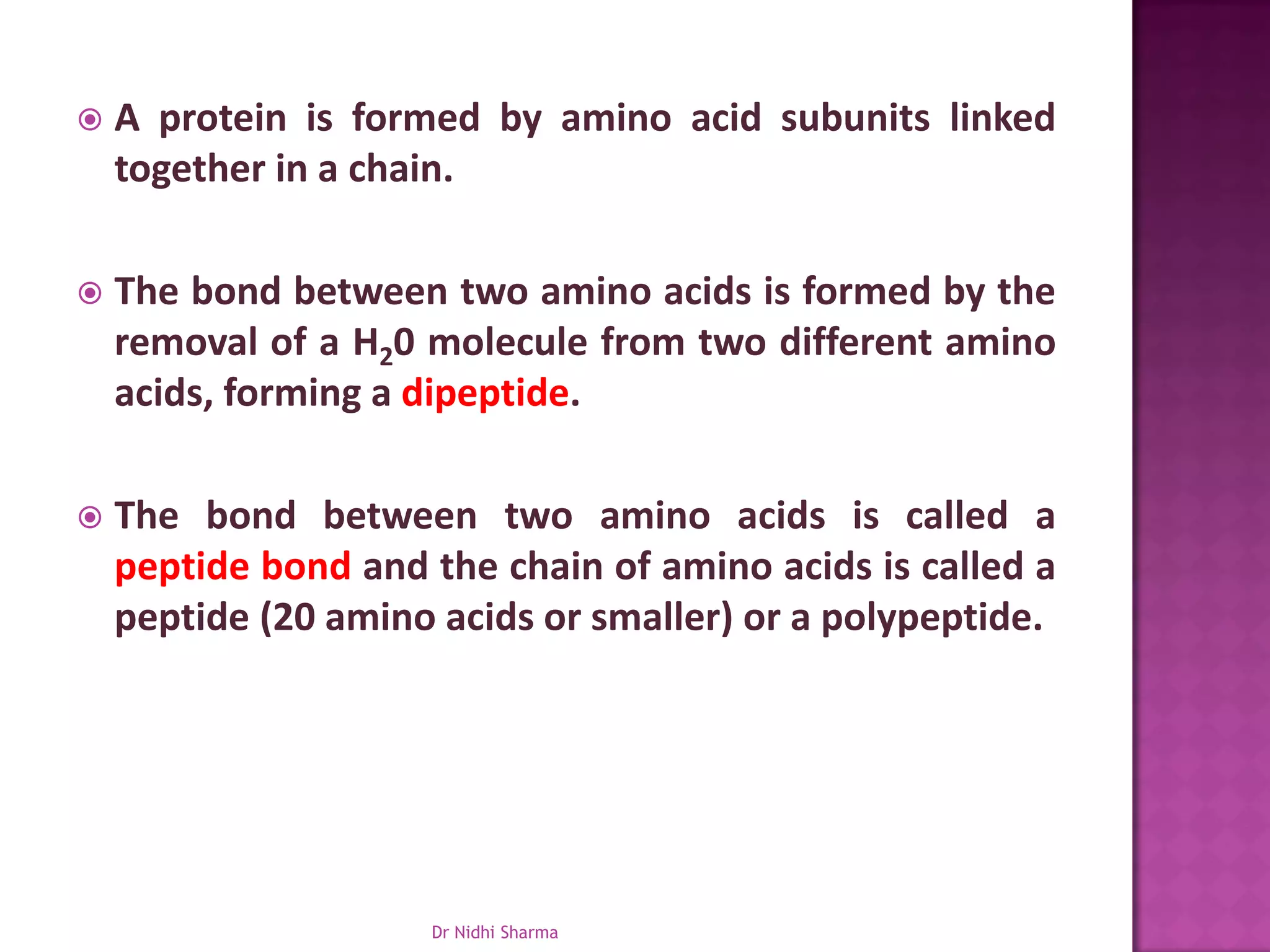    A protein is formed by amino acid subunits linked
    together in a chain.

   The bond between two amino acids is formed by the
    removal of a H20 molecule from two different amino
    acids, forming a dipeptide.

   The bond between two amino acids is called a
    peptide bond and the chain of amino acids is called a
    peptide (20 amino acids or smaller) or a polypeptide.




                     Dr Nidhi Sharma
 