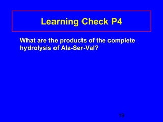 Learning Check P4 
What are the products of the complete 
hydrolysis of Ala-Ser-Val? 
19 
 