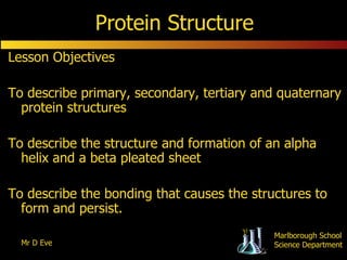Protein Structure Lesson Objectives To describe primary, secondary, tertiary and quaternary protein structures To describe the structure and formation of an alpha helix and a beta pleated sheet To describe the bonding that causes the structures to form and persist.