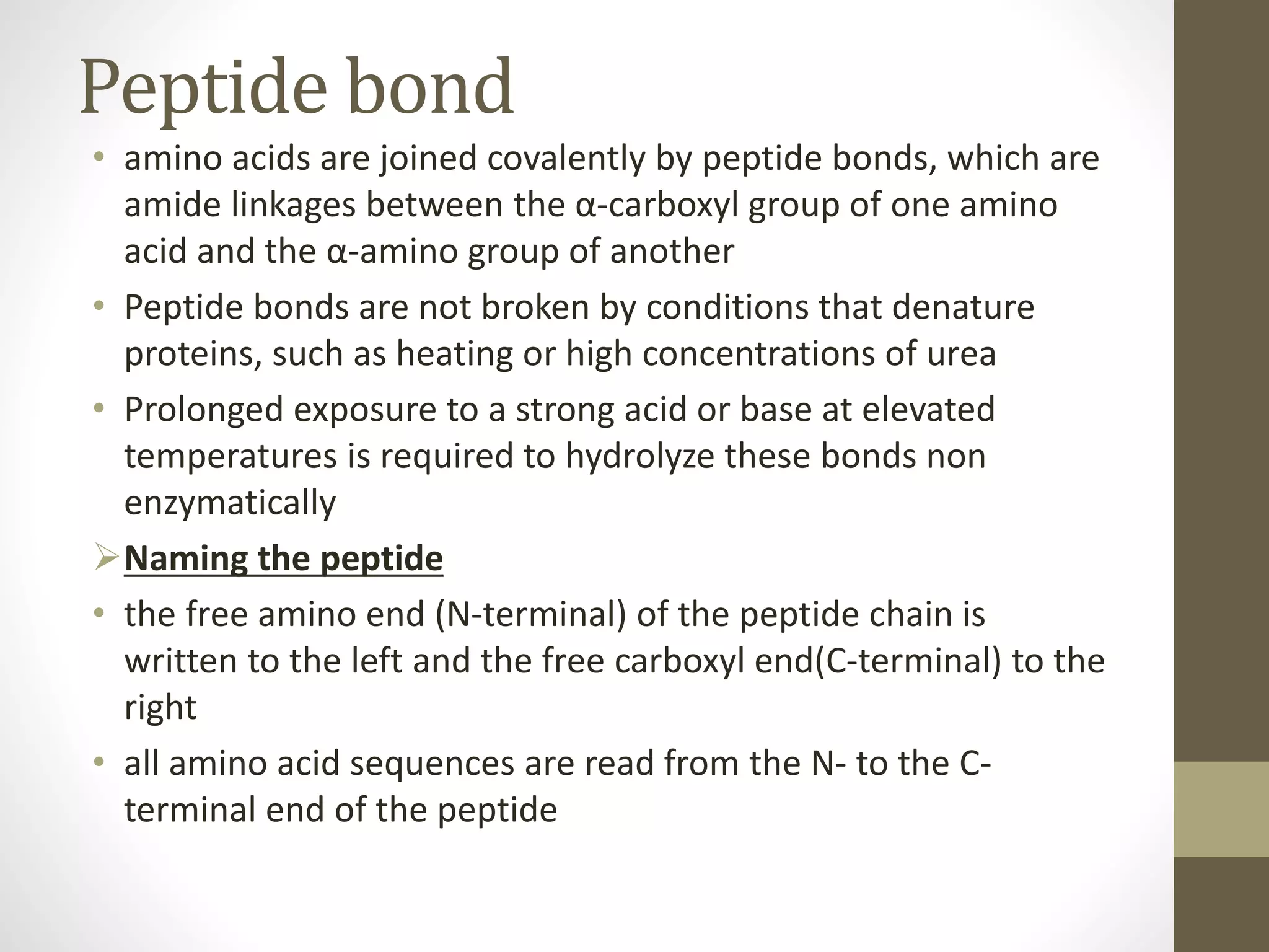 Peptide bond
• amino acids are joined covalently by peptide bonds, which are
amide linkages between the α-carboxyl group of one amino
acid and the α-amino group of another
• Peptide bonds are not broken by conditions that denature
proteins, such as heating or high concentrations of urea
• Prolonged exposure to a strong acid or base at elevated
temperatures is required to hydrolyze these bonds non
enzymatically
Naming the peptide
• the free amino end (N-terminal) of the peptide chain is
written to the left and the free carboxyl end(C-terminal) to the
right
• all amino acid sequences are read from the N- to the C-
terminal end of the peptide
 