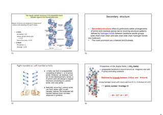  -Helix:
Periodicity = 3.6
Helical rise per amino acid
= 1.5 Å
Pitch of the helix = 5.4 Å
 -Sheet:
Periodicity = 2
Távolság = 5.4 Å
Two regular, periodic structures in the polypeptide chains
(Allowed regions in the Ramachadran plot)
Regular structures are composed of sequences of
residues with repeating of  and  values.
Secondary structure:
• Secondary structure refers to particularly stable arrangements
of amino acid residues giving rise to recurring structural patterns
defined by hydrogen bonds between backbone amide groups.
(side chain-main chain and side chain-side chain hydrogen bonds
are irrelevant).
• The most prominent are α-helices and β-sheets
Right-handed vs. Left handed α-helix
 α-helix can form in polypeptides
consisting of either L- or D-amino
acids. However, all residues must
be of one stereoisomeric series; a
D-amino acid will disrupt a regular
structure consisting of L-amino
acids, and vice versa.
 Naturally occurring L-amino acids
can form either right- or left-
handed helices, but extended left
handed helices have not been
observed in proteins.
N
N+4
 polypeptide backbone is wound around an imaginary axis with
R group protruding outwards.
• Stabilized by H-bonds between: C=O(n) and N-H(n+4).
atomic number / H-bridge:13
– Φ = –57O , Ψ = –47O
Properties of the Alpha Helix ( 3.613-helix)
strong hydrogen bonds with nearly optimum N..H…O distance of 2.8 Å.
1
2
3
13
33 34
35 36
 