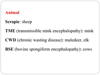 Animal
Scrapie: sheep
TME (transmissible mink encephalopathy): mink
CWD (chronic wasting disease): muledeer, elk
BSE (bovine spongiform encephalopathy): cows

 