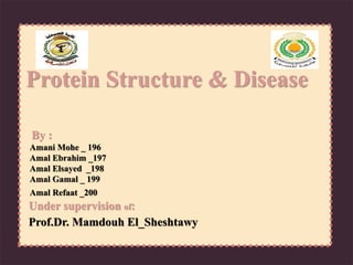 Protein Structure & Disease
By :
196_Amani Mohe
197_Amal Ebrahim
198_Amal Elsayed
199_Amal Gamal
200_Amal Refaat
:Under supervision of
Prof.Dr. Mamdouh El_Sheshtawy
 
