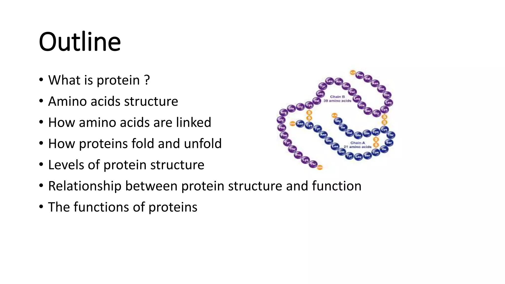 Outline
• What is protein ?
• Amino acids structure
• How amino acids are linked
• How proteins fold and unfold
• Levels of protein structure
• Relationship between protein structure and function
• The functions of proteins
 