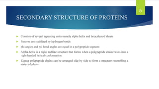 SECONDARY STRUCTURE OF PROTEINS
 Consists of several repeating units namely alpha helix and beta pleated sheets
 Patterns are stabilized by hydrogen bonds
 phi angles and psi bond angles are equal in a polypeptide segment
 Alpha-helix is a rigid, rodlike structure that forms when a polypeptide chain twists into a
right-handed helical conformation
 Zigzag polypeptide chains can be arranged side by side to form a structure resembling a
series of pleats
5
 